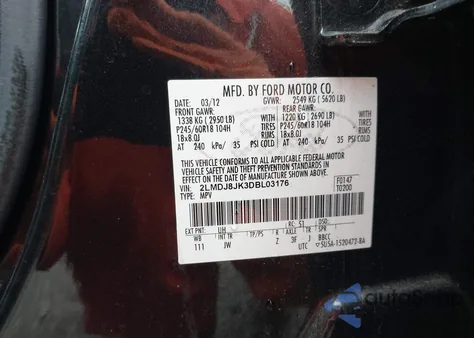 2013 Lincoln Mkx из США, поврежденный, VIN 2LMDJ8JK3DBL03176